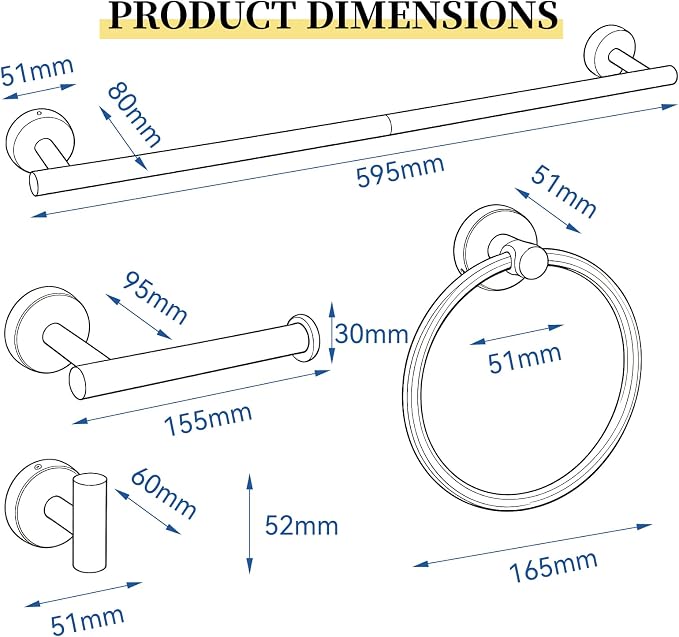 HOMOTEK 4 Pieces Bathroom Accessories Hardware Set, 24 inch Towel Bar, Towel Ring, Robe Hook, Toilet Paper Holder, Stainless Steel Rack Kit Wall Mounted, Matte Black