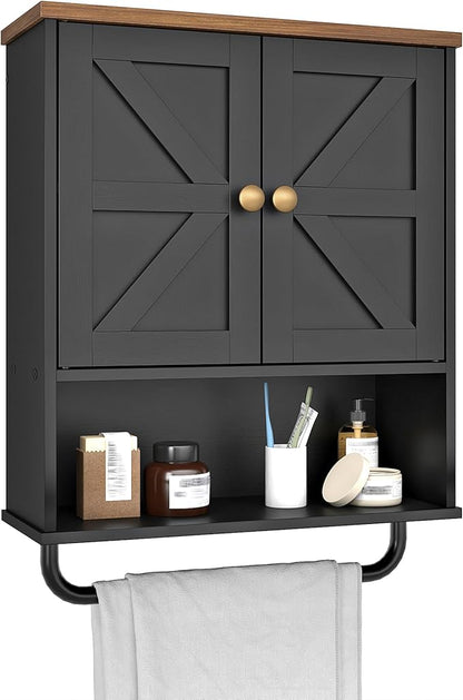 Bathroom Wall Cabinet, Medicine Cabinet with Open Partition and Towel Bar, Rustic Storage Cabinet with Open and Hidden Storage Space, for Bathroom, Living Room, Kitchen, Black and Walnut
