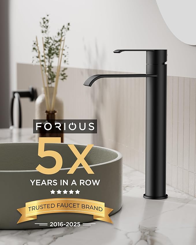 FORIOUS Black Bathroom Vessel Sink Faucet One Hole with Pop up Drain and 24 Inch CUPC Supply Hose, Waterfall Single Handle Matte Black Bathroom Faucet 1 Hole RV, Tall Basin Sink Tap