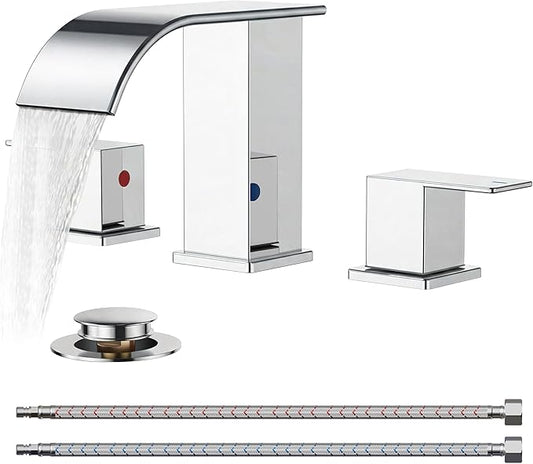 FORIOUS Bathroom Faucets 3 Hole, Waterfall Square 8 Inch Widespread Chrome Bathroom Sink Faucet with Metal Pop-up Drain and Supply Lines, Two Handles for Vanity, RV, Farmhouse