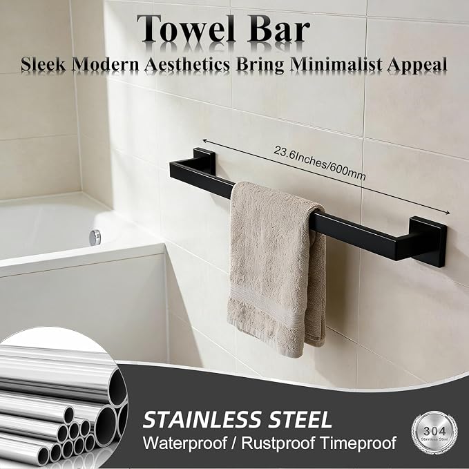 Bathroom Hardware Set 5 Piece Matte Black Bathroom Accessories Set SUS304 Towel Bar Set Includes 1 Towel Bar 24 Inch+1 Towel Holder+1 Toilet Paper Holder+2 Towel Hooks (5, Matte Black, 24 Inch)