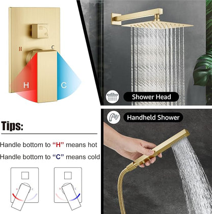 Midanya Shower Faucet Set with Handheld Sprayer,10 Inch,Brushed Gold | Rough-in Shower Valve and Trim Kit Included,Square Rain Head,Wall Mount Shower System,All Metal,Bathroom