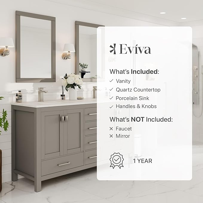 Eviva London 60 in. Gray Double Sink Bath Vanity with Carrara Quartz Top and Undermount Porcelain Sinks