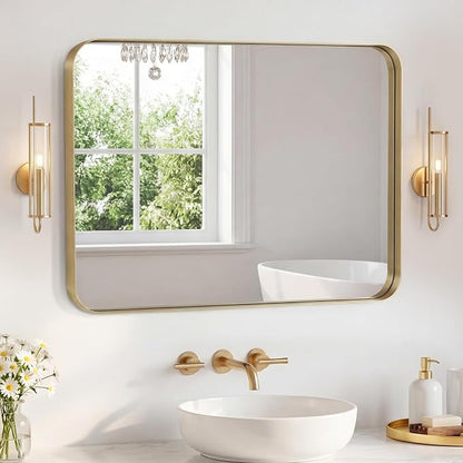 Sweetcrispy Bathroom Mirror 40x32 Inch, Vanity Mirror for Wall | Metal Framed Rounded Rectangle, Over Sink, Farmhouse Restroom, Anti-Rust, Horizontal or Vertical Hanging, Gold