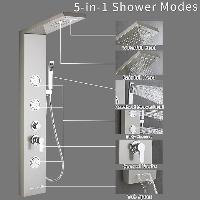 5-In-1Shower Panel Tower System-Brushed Gray | 304 stainless steel Shower Panel Column Tower With Powerful Body Jets,Body Spray,Rainfall,Waterfall,Handheld And Tub Spout