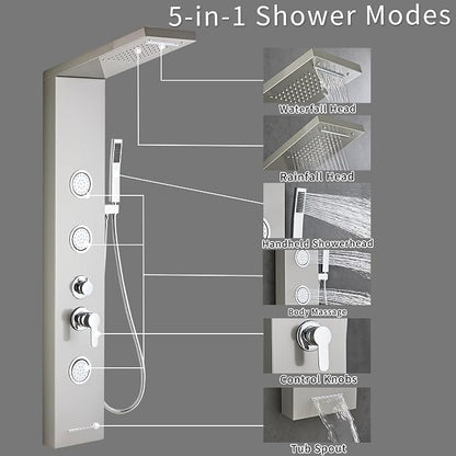 5-In-1Shower Panel Tower System-Brushed Gray | 304 stainless steel Shower Panel Column Tower With Powerful Body Jets,Body Spray,Rainfall,Waterfall,Handheld And Tub Spout