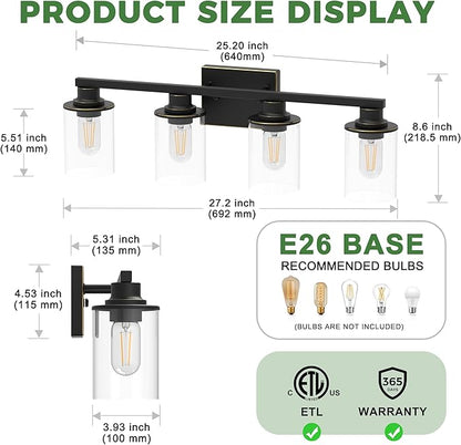 DORESshop 4-Light Vanity Light Fixtures, Black with Gold Trim Bathroom Light Fixtures Over Mirror with Clear Glass Shade, Modern Vanity Lights for Living Room Bedroom