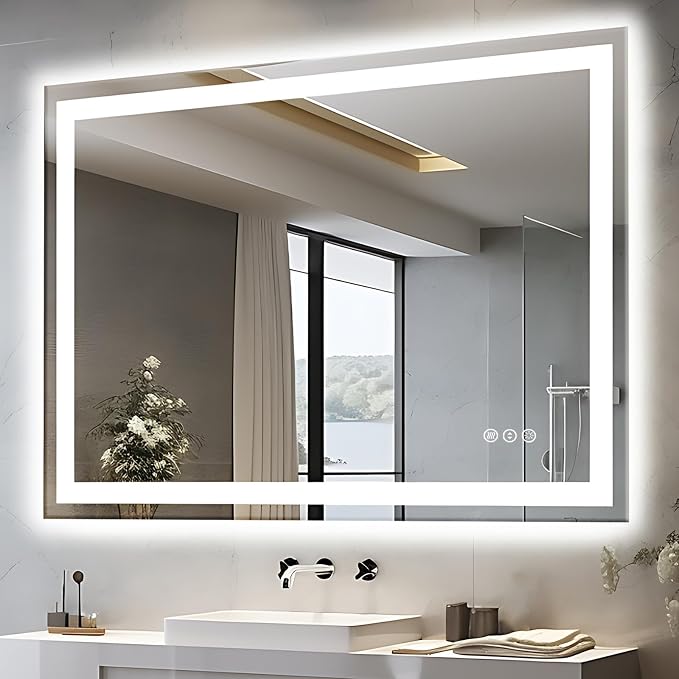 EchosLife 48"x40" LED Lighted Bathroom Mirror | Backlit + Front Lit, Anti-Fog, Stepless Dimmable, 3 Colors, Memory, Tempered Glass, UL Listed, Horizontal/Vertical