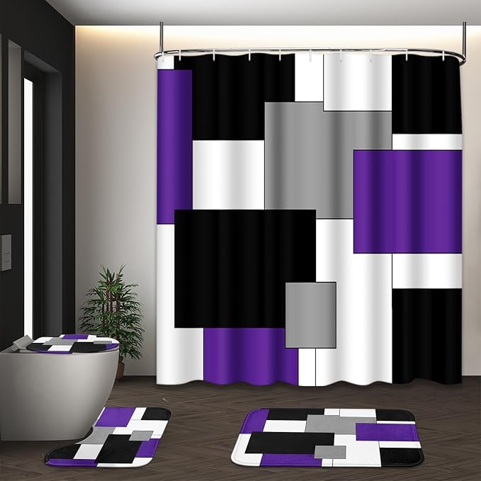 Bathroom Sets with Shower Curtain and Rugs, 4 Pcs, Geometric Purple | Abstract Modern Checkered Bathroom Decor Set with Toilet Lid Cover, Non-Slip Bath Mats and Accessories 12 Hooks