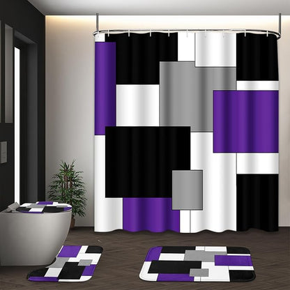 Bathroom Sets with Shower Curtain and Rugs, 4 Pcs, Geometric Purple | Abstract Modern Checkered Bathroom Decor Set with Toilet Lid Cover, Non-Slip Bath Mats and Accessories 12 Hooks