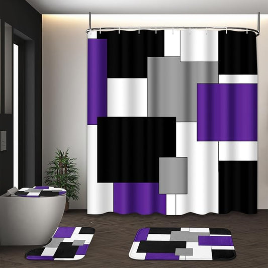 Bathroom Sets with Shower Curtain and Rugs, 4 Pcs, Geometric Purple | Abstract Modern Checkered Bathroom Decor Set with Toilet Lid Cover, Non-Slip Bath Mats and Accessories 12 Hooks