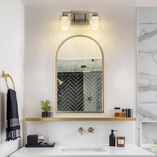 SineRise 2-Light Brushed Nickel Vanity Light with 3 Color Modes (3000K/4000K/6000K), Eye Protection LED Bathroom Light Fixture, Dimmable Modern Wall Light Over Mirror with Clear Glass Shade