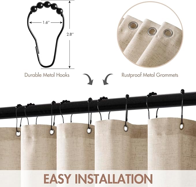 MIULEE 84" Long Beige Scalloped Linen Shower Curtain 72W x 84L | 12 metal hooks, Linen scalloped, waterproof washable, thick heavy cloth, black border, boho farmhouse, bathroom hotel use