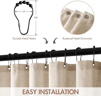 MIULEE Beige Scalloped Linen Shower Curtain 72W x 72L | 12 metal hooks, Linen scalloped, waterproof washable, thick heavy cloth, black border, boho farmhouse, bathroom hotel use
