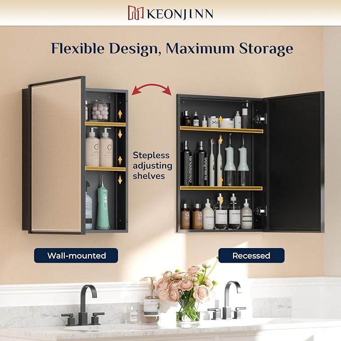 Keonjinn 40"x30" Large Black Bathroom Medicine Cabinets with Mirror, 2 Door | Fully Assembled, Adjustable Shelves, Aluminum Frame, Rust-resistant, Recessed or Wall-Mounted Medicine Cabinet, Waterproof