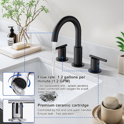 Bathroom Faucet 8 Inch, Matte Black 2 Handle Widespread Sink Faucet | Widespread faucet with 360° rotating spout, double handles and pop-up drain for bathroom vanity and sink upgrades.