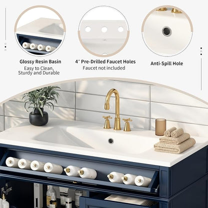 36'' Bathroom Vanity with Top Single Resin Sink Countertop Combo, Solid Wood Frame Modern Organizer Storage Cabinet, Tip-Out Drawer, Soft Closing Doors, Free Standing, Blue