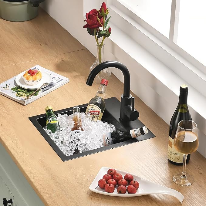 Black Drop In Bar Sink Quartz, 13x15 Inch | Granite Composite Quartz Small Kitchen Sink RV Wet Bar Topmount Single Bowl Kitchen Sink with Small Rubber Squeegee