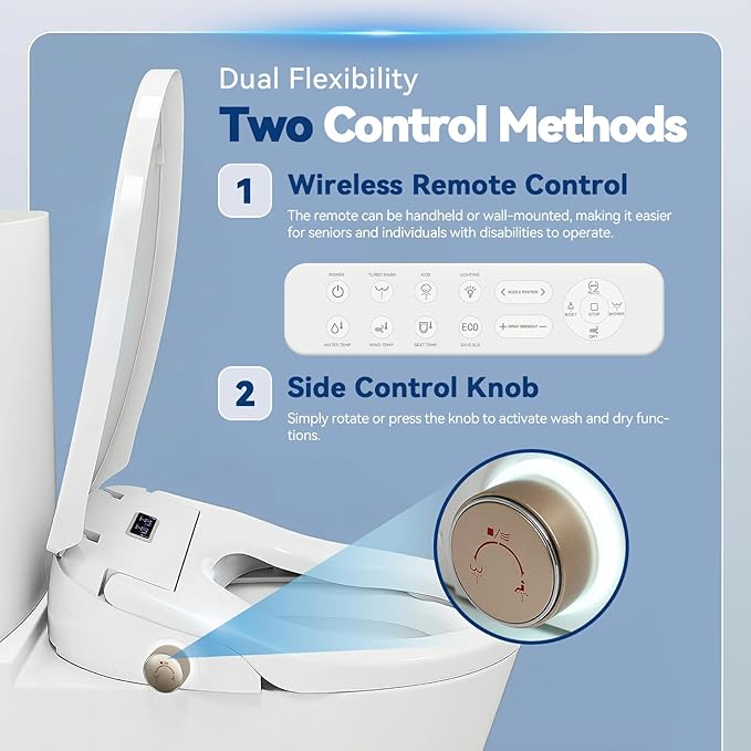 Smart Heated Toilet Seat for Short V-Shaped Toilets – Bidet Warm Water Wash, Self-Cleaning Nozzle, Warm Air Dryer, Deodorizer, Soft-Close Lid, LED Night Light & Remote Control, Easy Install