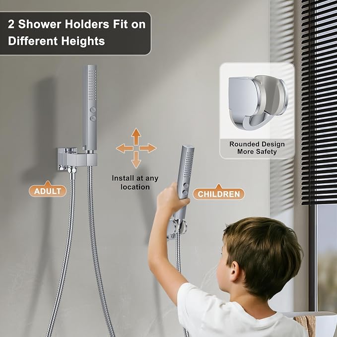 Rain Shower System 12" & 6" Dual Shower Heads, Wall Mount Shower Faucet Set | Ideal for bathroom remodels and upgrades with 12" rain shower, 6" angled shower, handheld spray and complete valve kit.