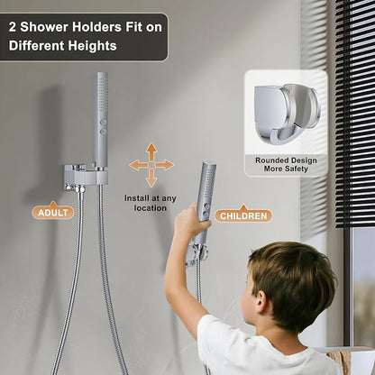 Rain Shower System 12" & 6" Dual Shower Heads, Wall Mount Shower Faucet Set | Ideal for bathroom remodels and upgrades with 12" rain shower, 6" angled shower, handheld spray and complete valve kit.