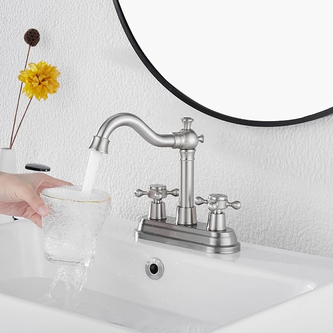 Bathroom Faucet Brushed Nickel GGStudy 2 Handles 4 Inches Centerset Bathroom Vanity with Drain Assembly and Supply Hose Lavatory Mixer Double Handle Tap