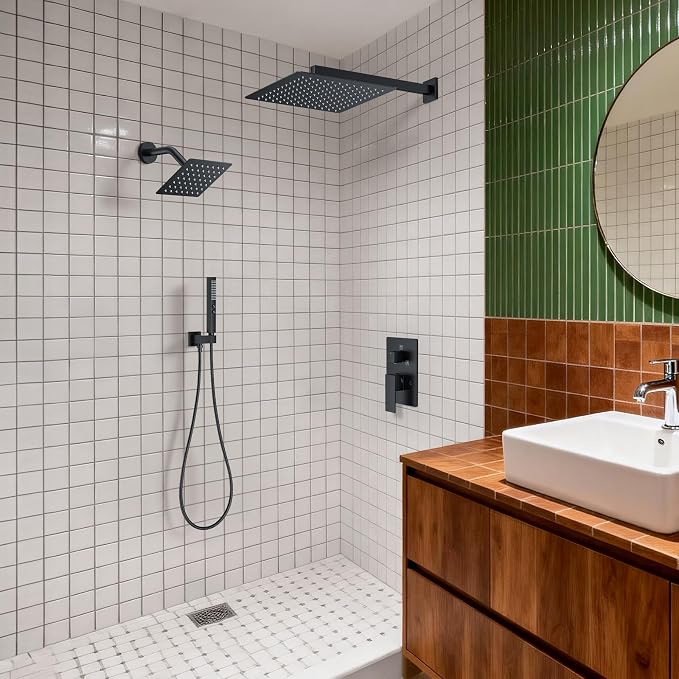 Rain Shower System 12" & 6" Dual Shower Heads, Wall Mount Shower Faucet Set | Ideal for bathroom remodels and upgrades with 12" rain shower, 6" angled shower, handheld spray and complete valve kit.