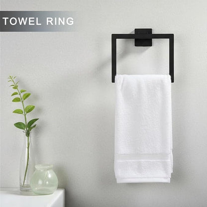 24 Inch Stainless Steel Bathroom Towel Bar Set | 5-Pieces Matte Black Towel Rack Set Bathroom Hardware Set with Toilet Paper Holder with Shelf, Bathroom Accessories Set