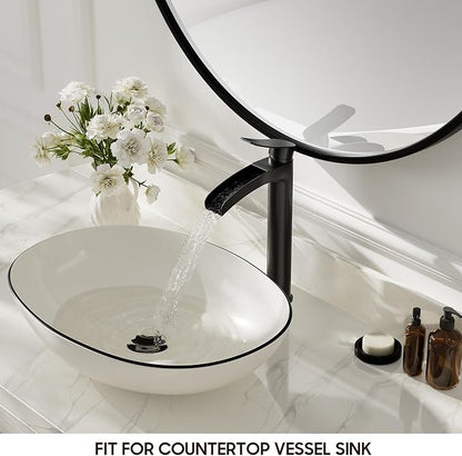 Phiestina Matte Black Tall Bathroom Vessel Sink Faucet, Waterfall Single Hole Single Handle Above Countertop Sink Bathroom Faucet, with Metal Pop Up Drain and Water Supply Lines, NS-SF01-MB-V