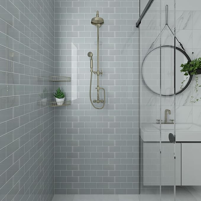 Grey Glass Subway Tile, Glass for Bathroom Kitchen Shower Backsplash Wall, 3 x 6 Inches, 4 Sq.Ft.
