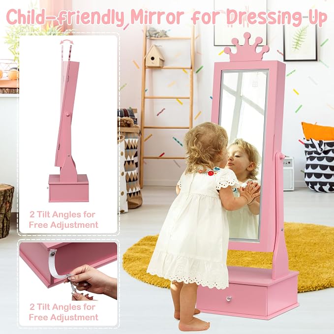 GarveeHome Kids Jewelry Armoire,Child Jewelry Cabinet with Led Light,Freestanding Jewelry Organizer with Full Length Mirror&Storage Drawers,Kids Vanity Dress Up Mirror Jewelry Cabinet for Girls(Pink)