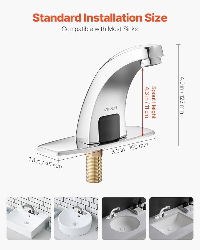 VEVOR Touchless Bathroom Sink Faucet, Automatic Motion Sensor Restroom Toilet Faucet with Hole Cover Plate, Battery Operated,Hot/Cold Water for 9/16 in Pipe Commercial Lavatory,Chrome Plated Silver
