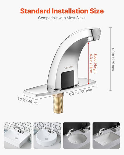VEVOR Touchless Bathroom Sink Faucet, Automatic Motion Sensor Restroom Toilet Faucet with Hole Cover Plate, Battery Operated,Hot/Cold Water for 9/16 in Pipe Commercial Lavatory,Chrome Plated Silver