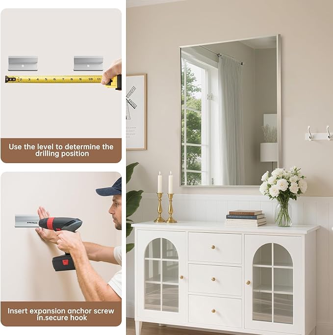 Brushed Nickel Bathroom Mirror, 30"x36" Rectangle Mirror, Brushed Mirror, Metal Frame Square Corner Vanity Mirror, Wall Mounted Mirror for Modern, Living Room, Bedroom, Horizontal Or Vertical