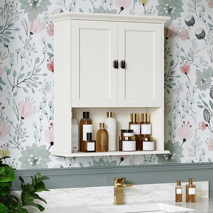 Bathroom Wall Cabinet, Medicine Cabinet Over The Toilet Storage Cabinet Wall Mounted with Build-in Spirit Level Cupboard Hanging Cabinet for Bathroom Laundry Kitchen Living Room, Cream White