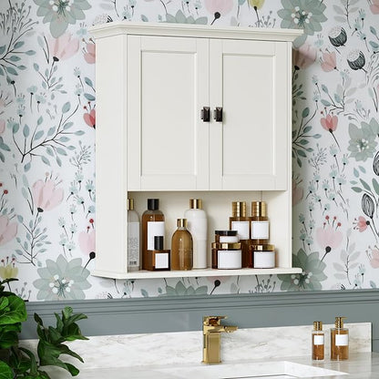Bathroom Wall Cabinet, Medicine Cabinet Over The Toilet Storage Cabinet Wall Mounted with Build-in Spirit Level Cupboard Hanging Cabinet for Bathroom Laundry Kitchen Living Room, Cream White