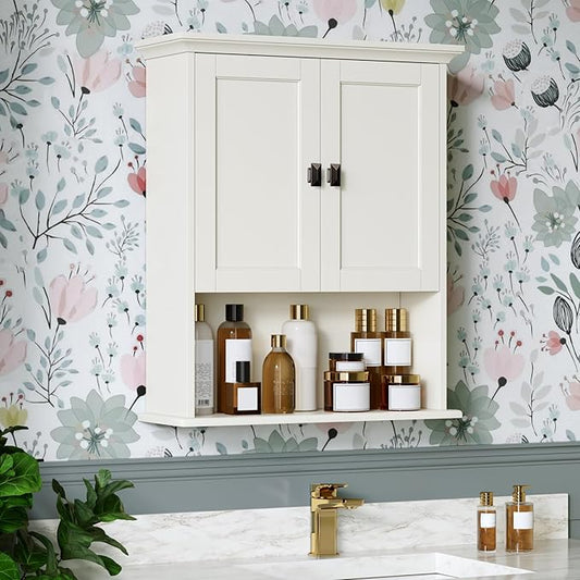 Bathroom Wall Cabinet, Medicine Cabinet Over The Toilet Storage Cabinet Wall Mounted with Build-in Spirit Level Cupboard Hanging Cabinet for Bathroom Laundry Kitchen Living Room, Cream White