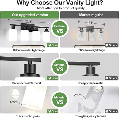 4-Light Bathroom Light Fixtures, Matte Black Vanity Lights with Milk Glass Shades, Modern Bathroom Wall Lamp for Mirror Living Room Bedroom Porch