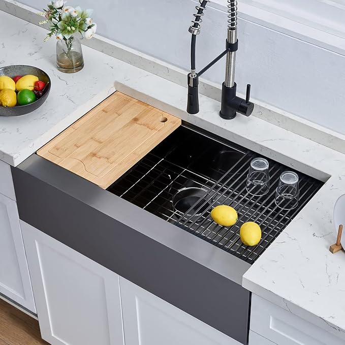 33 Inch Black Farmhouse Sink, 33x20 Gunmetal Black 16 Gauge Stainless Steel Single Bowl Workstation Flat Apron Front Farm Kitchen Sink with Cutting Board