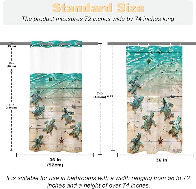 Nautical Green Beach Sea Turtle Theme No Hook Waffle Weave Shower Curtain with Snap in Liner Nautical Blue Bathroom Ocean Set 36 W x 74 H Inch Blue