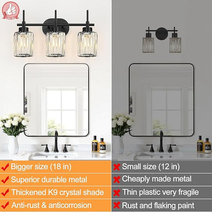 Matte Black Vanity Light, 3-Light Crystal Modern Bathroom Lighting Fixtures Over Mirror, Black Bathroom Vanity Light (Bulbs Not Included)