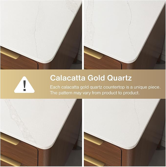 48 Inch Walnut Bathroom Vanity with Sink, Fully Assembled Solid Wood Bathroom Vanities with Soft Close Parquet Doors, Full Extension Dovetail Drawers, Calacatta Quartz Top & Backsplash