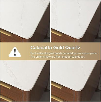 48 Inch Walnut Bathroom Vanity with Sink, Fully Assembled Solid Wood Bathroom Vanities with Soft Close Parquet Doors, Full Extension Dovetail Drawers, Calacatta Quartz Top & Backsplash