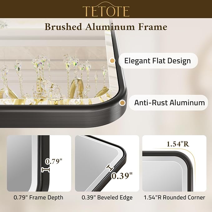 Black Framed Bathroom Mirror 72 x 36 Large Beveled Edge Tempered Glass, Rounded Corner Rectangle Bathroom Mirror for Modern Bathroom, Living Room, Bedroom, Entryway