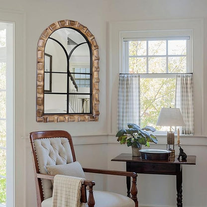 36x24 Inch Arched Window Pane Wall Mirror - Rustic Farmhouse Solid Wood Decorative Mirror for for Living Room, Bedroom, Entryway & Bathroom
