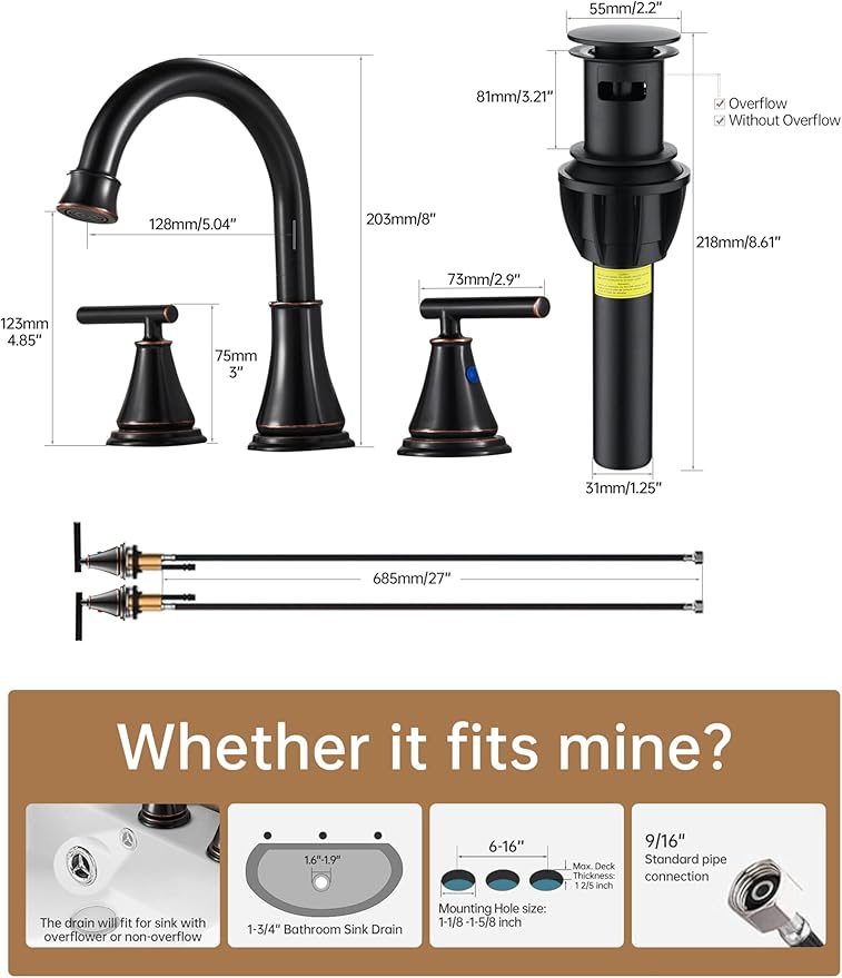 Fransiton Bathroom Sink Faucet 3 Hole, Oil Rubbed Bronze Bathroom Vanity Faucet for Lavatory Sink with Pop-Up Drain, 8 Inch Widespread, 2 Handle Basin