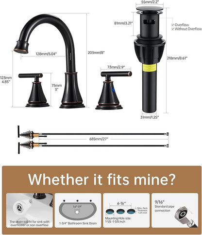 Fransiton Bathroom Sink Faucet 3 Hole, Oil Rubbed Bronze Bathroom Vanity Faucet for Lavatory Sink with Pop-Up Drain, 8 Inch Widespread, 2 Handle Basin