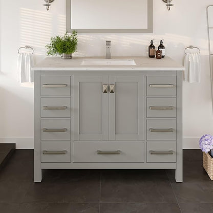 Eviva London 42 Inch Vanity with Top – 42 Bathroom Vanity with Sink and Countertop, Gray Bathroom Sink Cabinet with Quartz Countertop & Porcelain Single Sink for Modern Bathroom & Home Decor