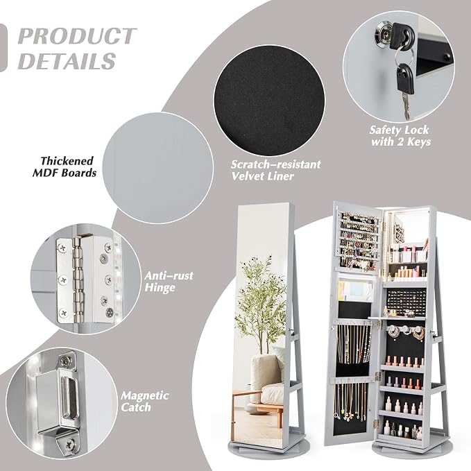 MAT EXPERT 360° Rotating Jewelry Armoire, Lockable Freestanding Jewelry Organizer w/Full-length Mirror, 3-Color LED Lights, Rear Storage Shelves, Mirror Jewelry Cabinet for Bedroom (Gray)