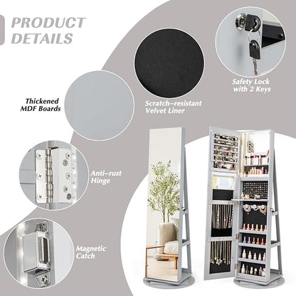 MAT EXPERT 360° Rotating Jewelry Armoire, Lockable Freestanding Jewelry Organizer w/Full-length Mirror, 3-Color LED Lights, Rear Storage Shelves, Mirror Jewelry Cabinet for Bedroom (Gray)